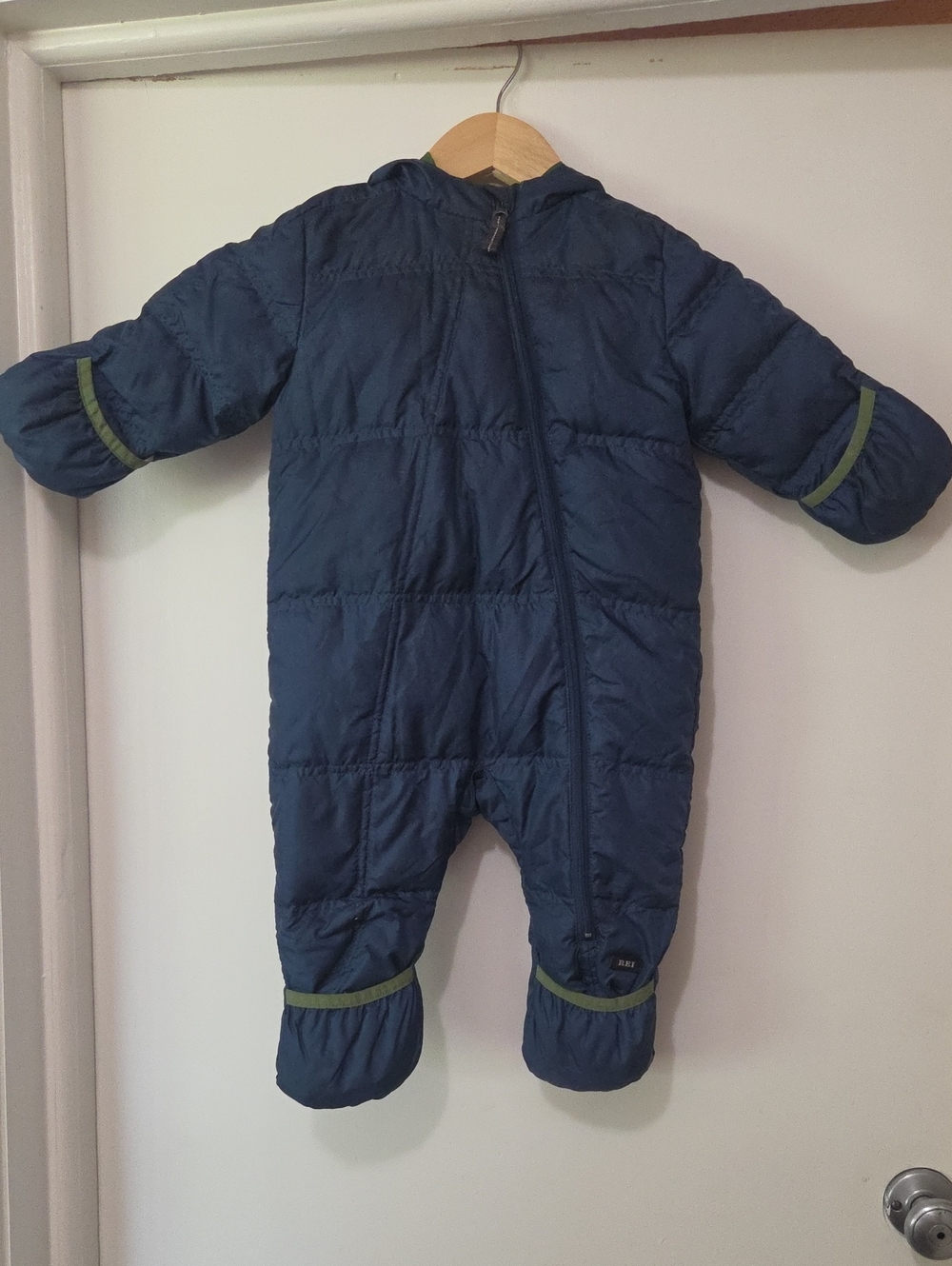 REI Navy Quilted Kids One-Piece Footie with Green Trim